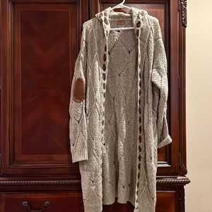 POL hooded long tan cable chunky cardigan with brown accents on elbows and sides